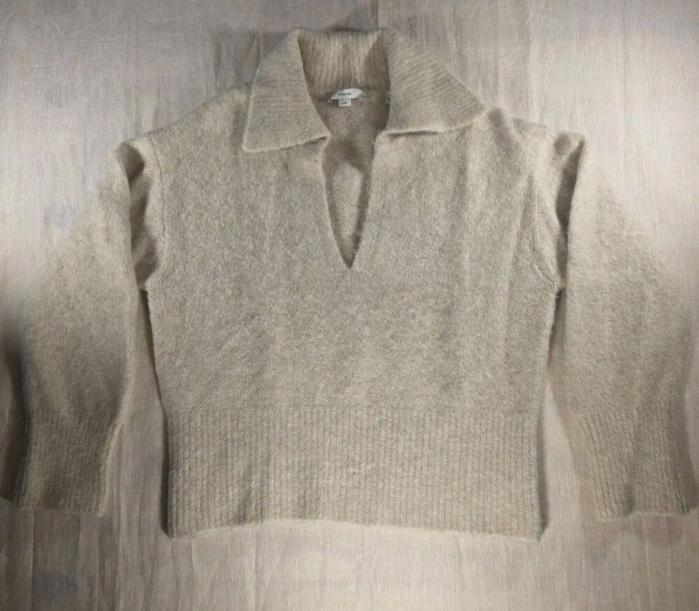 VINCE Alpaca Wool Blend Collared Sweater Light Beige Super Soft Large Luxery
